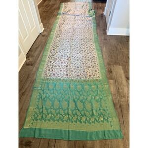Indian WOMENS PRE-OWNED VINTAGE  WHITE/GREEN Pure Chanderi SILK SAREE SARI CRAFT